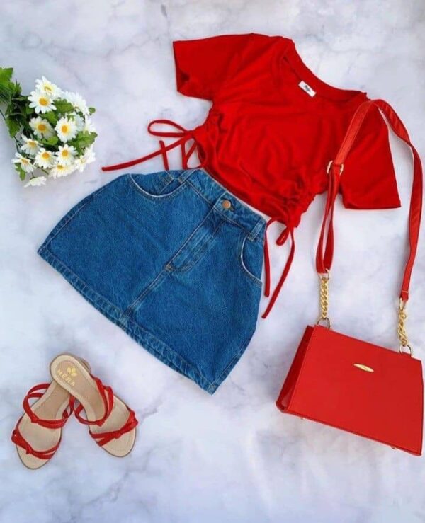 Red Top, Red Bag and Flat Shoes